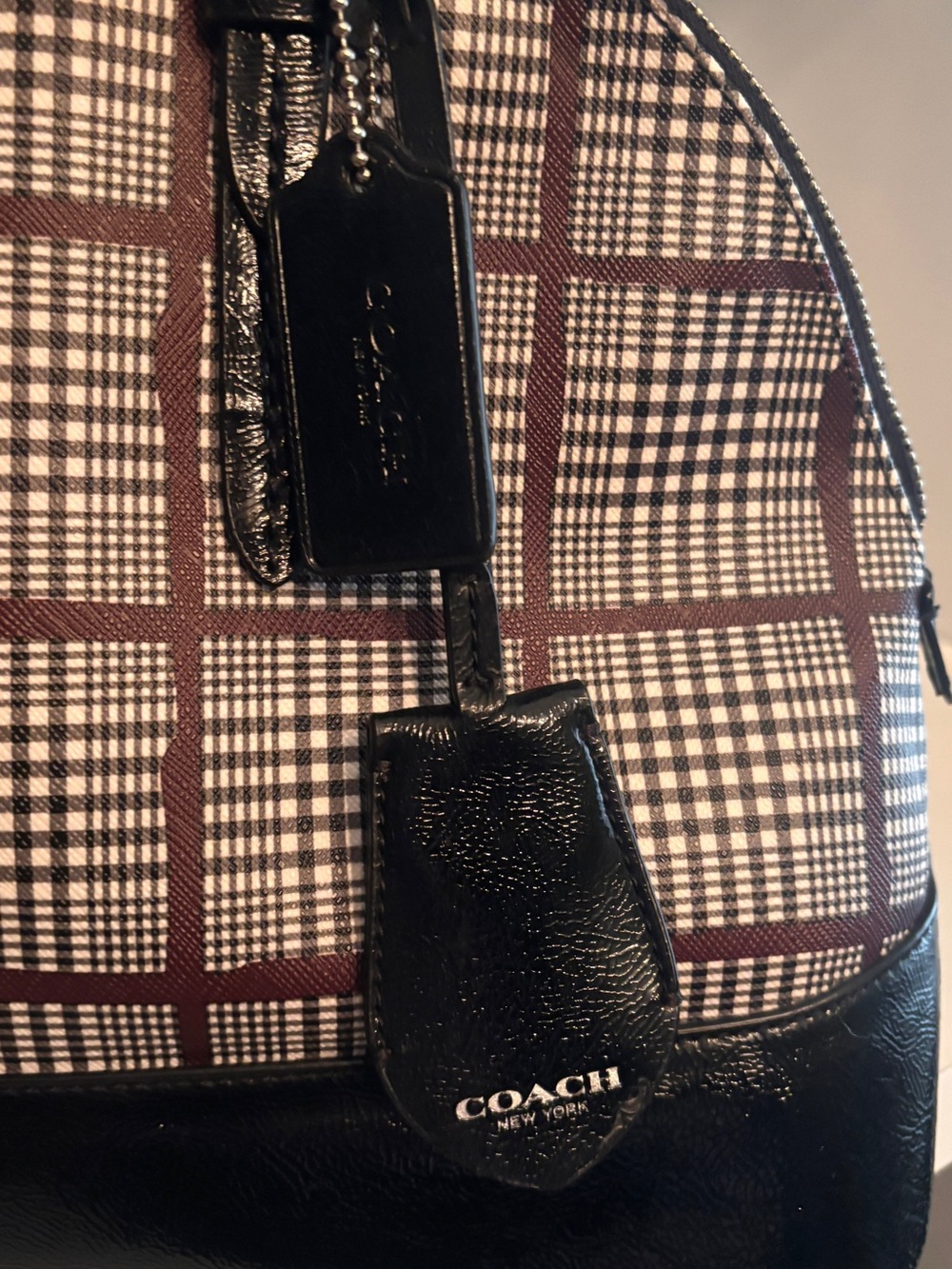 Coach Peyton Glen Plaid Domed Satchel - Black, White & Burgundy - Handbag